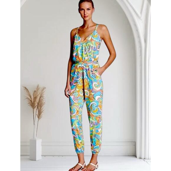 Trina Turk Cosmos Jumpsuit Womens XS CoverUp Vibrant Funky Colorful Green Aqua - Picture 4 of 10
